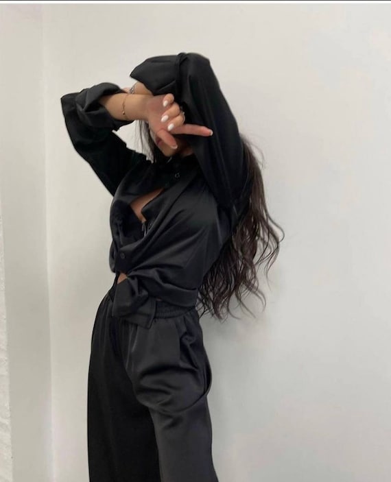 Black Two Piece Set Satin Jumpsuit Silk Pant Set Oversized Shirt