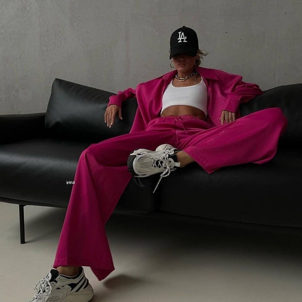 Relaxed Fuchsia Chic Two-piece Set | Oversized Shirt and Wide-Leg Pants Ensemble | Comfortable and Stylish | Elastic Waistband