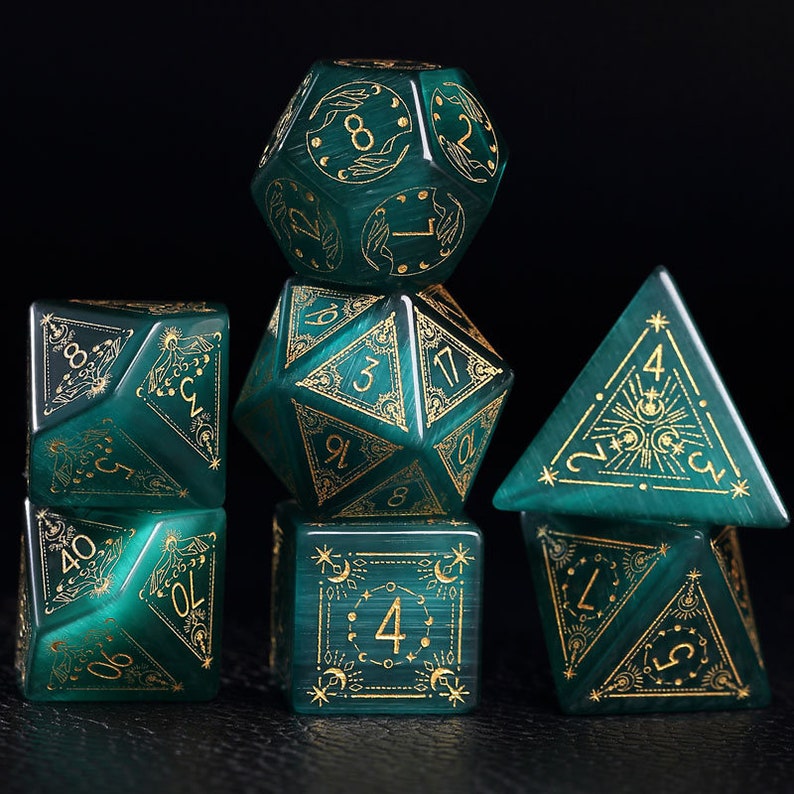 Full Set Gemstone Green Cats Polyhedral Dice Set-Dungeons and Dragon Raised Dice, RPG Game Electroplated Digital Pixel Art RPG,custom dcie image 3