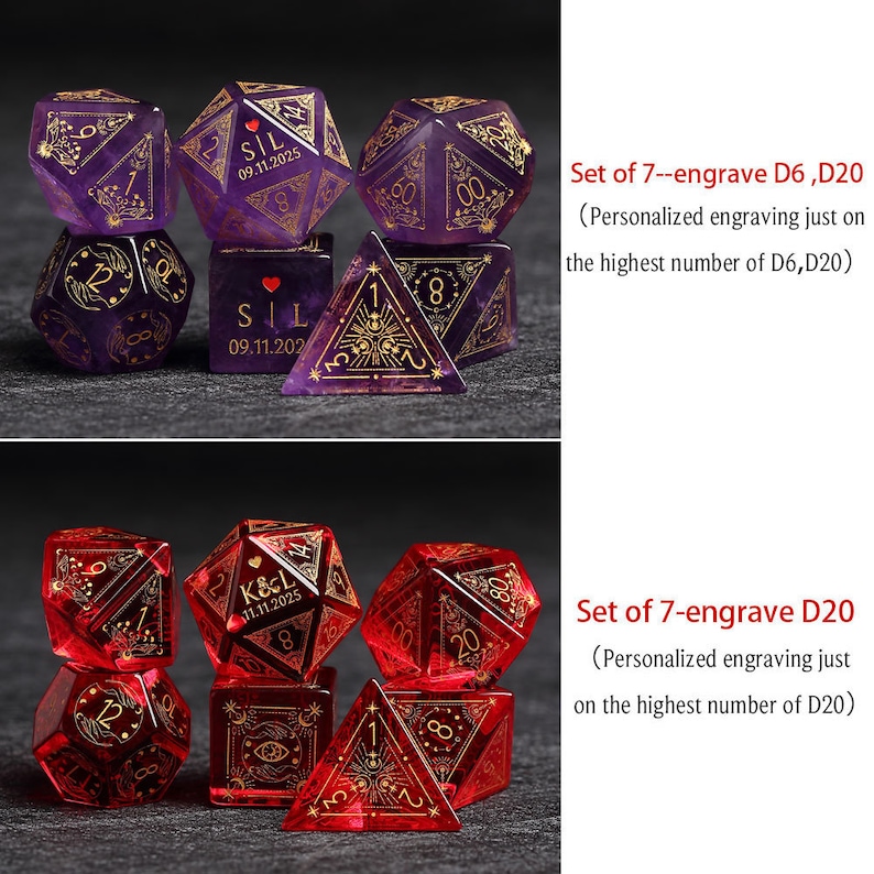 May include: Two sets of engraved polyhedral dice. One set is purple with gold accents, the other is red with gold accents. Each set includes D6 and D20 dice. The text on the dice includes dates and initials.