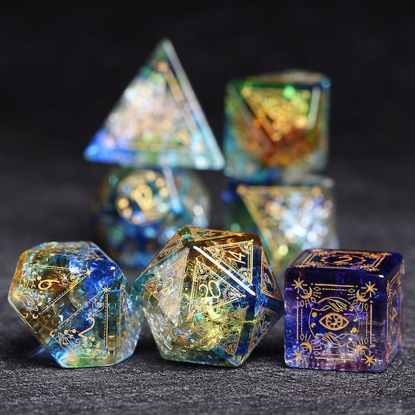 Full Set Explosive Yellow blue glass Polyhedral Dice Set Set Warlock Style - Dungeons and Dragons, RPG Game,personalization dcie