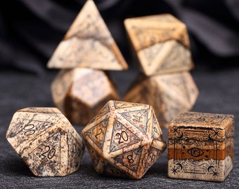 Juego completo de dados de piedra con imagen, estilo brujo: mazmorras y dragones, juego de rol, personalización dcie