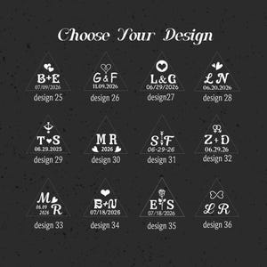 May include: A dark background with the text "Choose Your Design" and several triangular designs. Each design includes initials, a date, and a design number, suitable for personalized wedding or event favors.