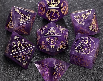 Full Amethyst cat Set - Dungeons and Dragon Raised Dice, RPG Game Electroplated Digital Pixel Art RPG,personalization dcie,Cat  Dice Set