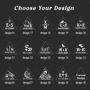 May include: A dark gray chart titled Choose Your Design displaying fifteen white triangular icons labeled design 16 through 30. Each triangle contains unique white line art graphics, initials, and dates, including symbols like hearts, cats, swords, and dragons.