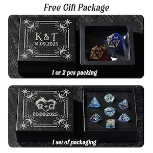 May include: Black gift boxes with engraved designs and the text "K&T 14.09.2025" and "R+G 20.09.2025". One box contains two dice, and the other contains a set of seven blue dice. The text "Free Gift Package" is at the top.