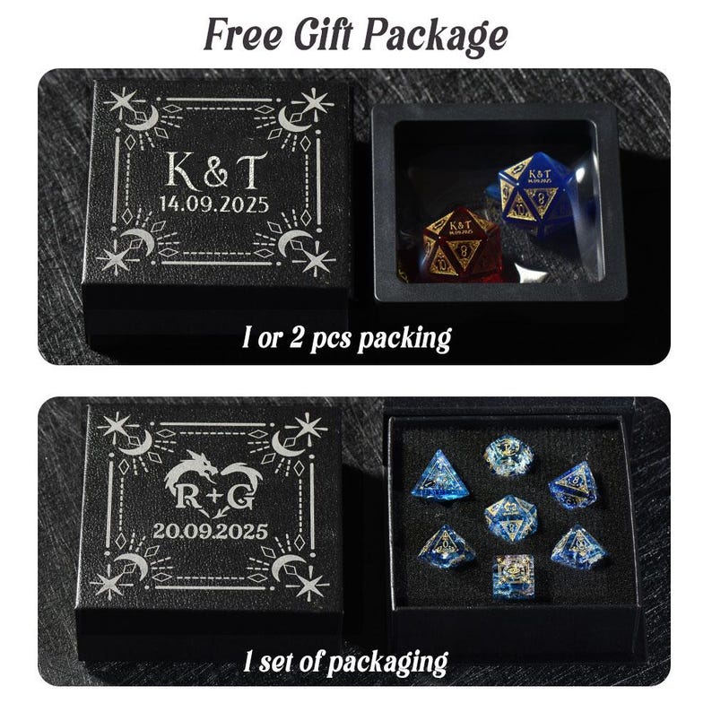 May include: Black gift boxes with engraved designs and the text "K&T 14.09.2025" and "R+G 20.09.2025". One box contains two dice, and the other contains a set of seven blue dice. The text "Free Gift Package" is at the top.
