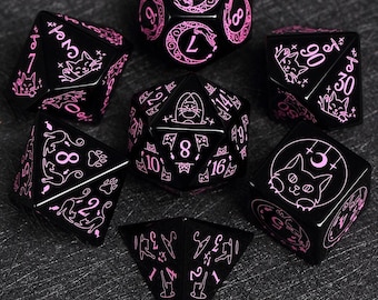 Full obsidian Set - Dungeons and Dragon Raised Dice, RPG Game Electroplated Digital Pixel Art RPG,personalization dcie,Cat  Dice Set