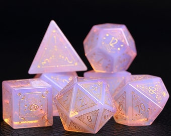 Full Pink Opal Set - Dungeons and Dragon Raised Dice, RPG Game Electroplated Digital Pixel Art RPG,personalization dcie