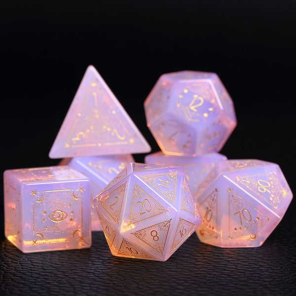 Full Pink Opal Set - Dungeons and Dragon Raised Dice, RPG Game Electroplated Digital Pixel Art RPG,personalization dcie