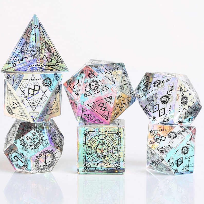 Stained DND Dice Set, Rainbow Glass Sharp Edge D&D Dice Set, Dungeons and Dragons Polyhedral RPG Gemstone Dice Set image 2