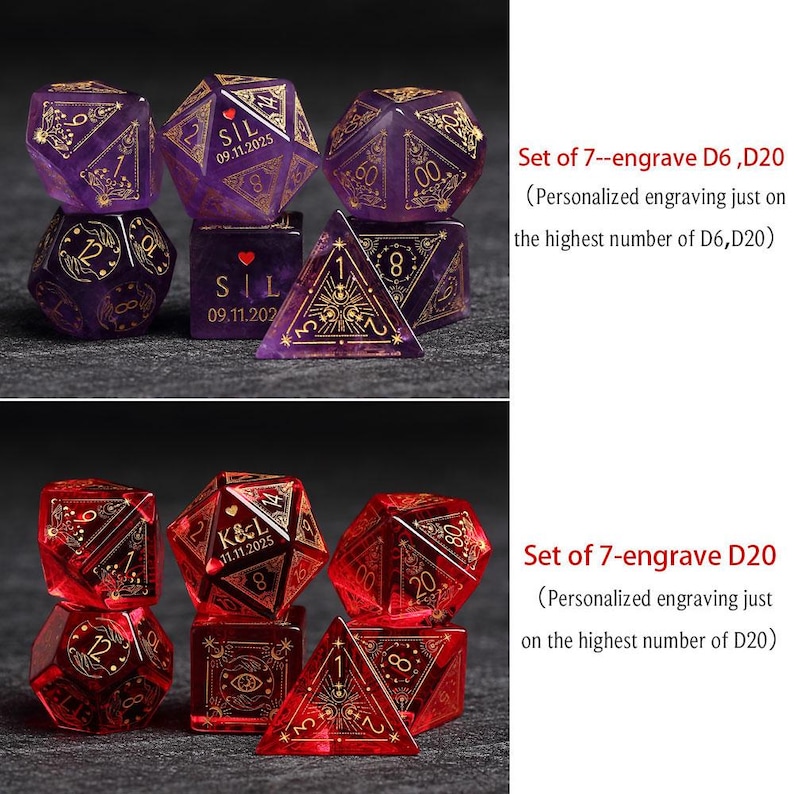 May include: Two sets of seven polyhedral dice in purple and red translucent material. Each set features gold-colored celestial engravings. The D20 dice display personalized text including initials, a heart symbol, and a date. Text reads: Set of 7--engrave D6, D20 (Personalized engraving just on the highest number of D6, D20) and Set of 7-engrave D20 (Personalized engraving just on the highest number of D20).