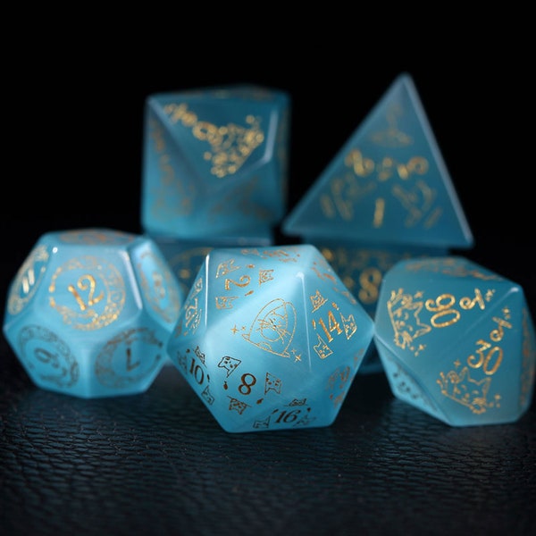 Full Set Light blue opal Dice Set-Dungeons and Dragon Raised Dice, RPG Game Electroplated Digital Pixel Art RPG , personalization dcie