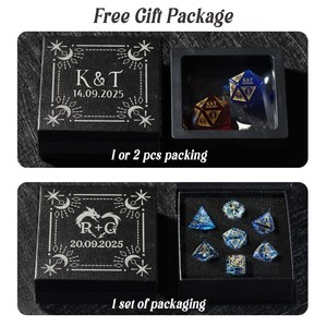 May include: Two black square boxes with lids featuring silver engraved celestial designs and custom text. The top box shows K&T 14.09.2025 with two dice inside. The bottom box shows R+G 20.09.2025 with a seven-piece set of blue and gold glitter dice.