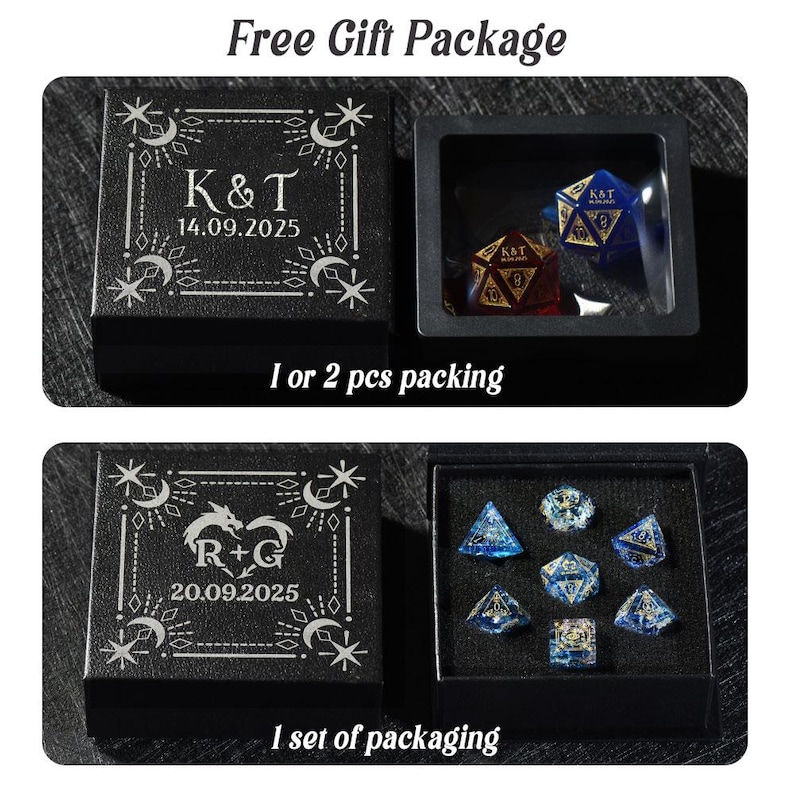 May include: Two black square boxes with lids featuring silver engraved celestial designs and custom text. The top box shows K&T 14.09.2025 with two dice inside. The bottom box shows R+G 20.09.2025 with a seven-piece set of blue and gold glitter dice.