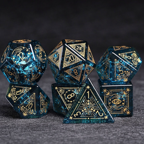 Ensemble complet de dés polyédriques explosifs en verre bleu Style sorcier - Donjons et dragons, jeu RPG, dés de personnalisation