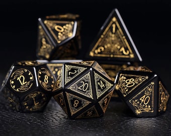 May include: A set of black and gold dice with intricate designs. The dice are numbered 1 through 20, 4, 8, 12, and 20. The dice are made of a high-quality material and are perfect for tabletop gaming.
