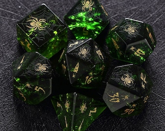 Volledige set edelsteen groene peridoot spindobbelstenen set-Dungeons and Dragon Raised Dice, RPG-game gegalvaniseerde digitale pixelart RPG, custom dcie