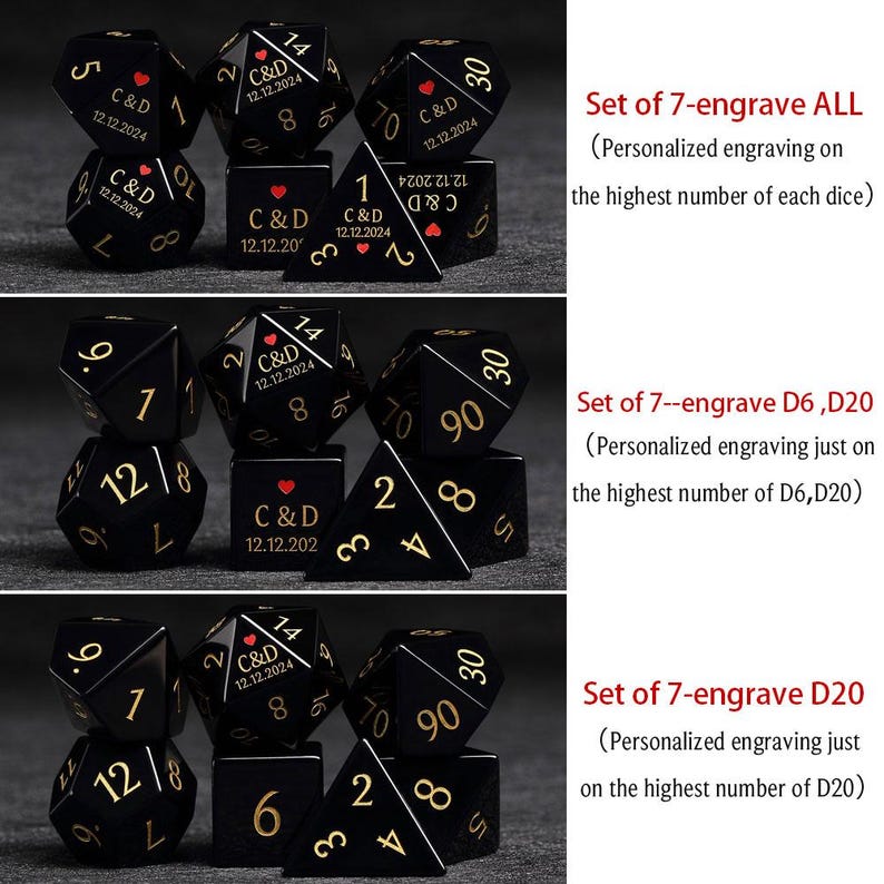 May include: Black dice sets with gold numbers and personalized engraving. The image shows three sets of seven dice each, with different engraving options. Each die has a different shape, including a cube, a pyramid, and a 20-sided die.
