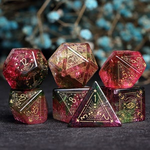 Full Set Red green glazed dice, Set Warlock Style - Dungeons and Dragons, RPG Game,personalization dcie