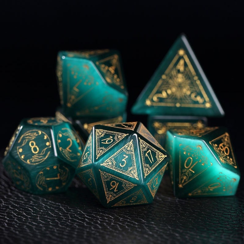 Full Set Gemstone Green Cats Polyhedral Dice Set-Dungeons and Dragon Raised Dice, RPG Game Electroplated Digital Pixel Art RPG,custom dcie image 1