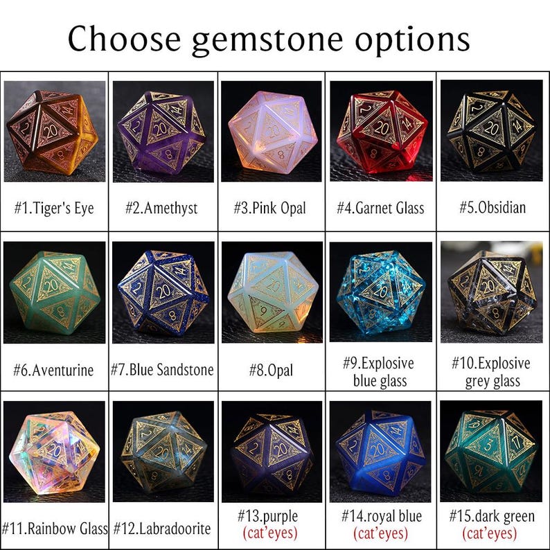 May include: A selection of fifteen gemstone dice options, each with a twenty-sided design. The dice are in various colors, including tiger's eye, amethyst, pink opal, garnet glass, obsidian, aventurine, blue sandstone, opal, explosive blue glass, explosive grey glass, rainbow glass, labradorite, purple, royal blue, and dark green. The text "Choose gemstone options" is at the top.