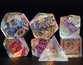 Stained DND Dice Set, Rainbow Glass Sharp Edge D&D Dice Set, Dungeons and Dragons Polyhedral RPG Gemstone Dice Set