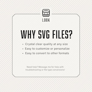 Why SVG files? Crystal clear quality at any size. Easy to customize or personalize, and convert to other formats. Open in vector editing software like Adobe Illustrator. Need help? Message me for help with troubleshooting or file type conversions!