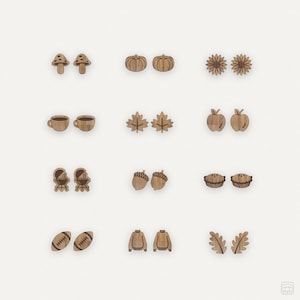 May include: Set of 10 wooden earrings featuring various fall-themed designs, including mushrooms, pumpkins, leaves, acorns, coffee cups, apples, pies, footballs, sweaters, and branches.