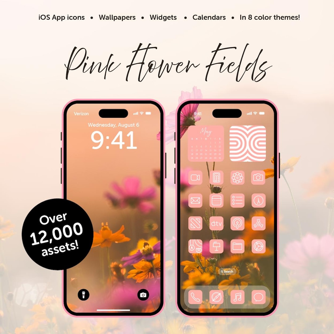 Pink Flower Fields DIGITAL Aesthetic Apple Ios Icon Theme Hand Drawn ...