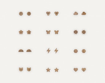 Tiny shapes DIGITAL FILE 12 pack earrings set stud laser cutter glowforge SVG file vector smiley rainbow hexagon daisy flower star bolt mini