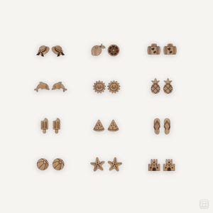 ARCHIVO DIGITAL de verano, juego de 12 pendientes con tachuelas, cortador láser, archivo SVG de Glowforge, vector, playa, delfín, paleta, piña, estrella de mar, castillo de arena