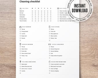 Pode incluir: Uma lista de verificação de limpeza imprimível com uma programação diária, semanal e mensal. A lista de verificação inclui tarefas como fazer a cama, lavar a louça, arrumar o quarto, limpar o banheiro e aspirar a sala de estar.