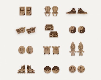 90s Nostalgia DIGITAL FILE 12 pack earrings set stud laser cutter glowforge SVG file vector smiley troll converse sneakers furby pokeball