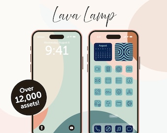 May include: Two smartphones with a pink border and a light green, peach, and blue abstract design. The screens display app icons, widgets, and a calendar. Text reads "Lava Lamp" and "Over 12,000 assets!"