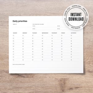 Daily priorities | DIGITAL DOWNLOAD | PDF | Instant download | Personal organizer | Minimal simple | Weekly priority sheet | Goal tracker