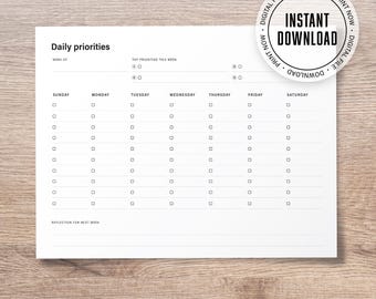 Prioridades diarias / DESCARGA DIGITAL / PDF / Descarga instantánea / Organizador personal / Minimalista simple / Hoja de prioridades semanales / Seguimiento de objetivos