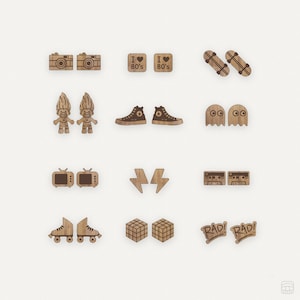 I Love 80s DIGITAL FILE 12 pack earrings set studs laser cutter glowforge SVG eps file vector camera icon converse skates tv trolls pac man