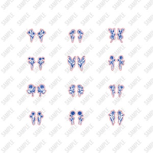 Image showing a preview of what 12 designs the svg file includes. Designs shown with red lines for laser cutting and blue fills for laser engraving. This file includes snowdrop, violet, cherry blossom, daisy, lily, rose, peony, morning glory, flowers