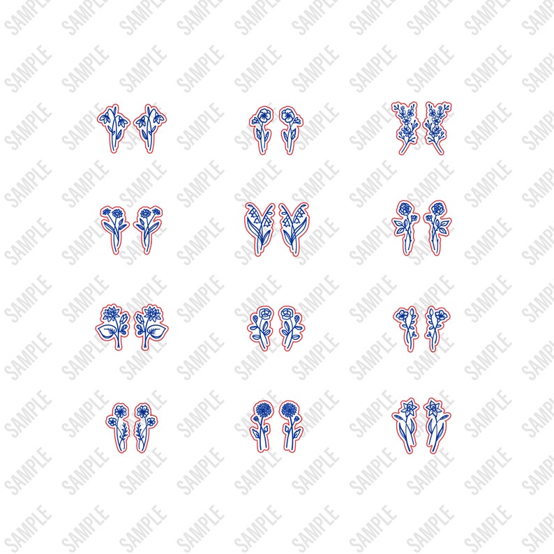 Image showing a preview of what 12 designs the svg file includes. Designs shown with red lines for laser cutting and blue fills for laser engraving. This file includes snowdrop, violet, cherry blossom, daisy, lily, rose, peony, morning glory, flowers