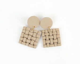 Ann – Large square circle brass and polymer clay dangle handmade earrings