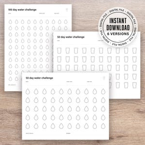 Op de afbeelding: Printbare water challenge tracker met drie verschillende ontwerpen. Elk ontwerp heeft een raster met waterdruppels of glazen om de dagelijkse waterinname bij te houden. De ontwerpen omvatten een ​​100-daagse, een 50-daagse en nog een 50-daagse challenge.