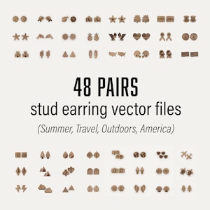 May include: 48 pairs of wooden stud earrings with various summer, travel, and outdoor themed designs. The designs include pineapples, stars, hearts, flags, and more.