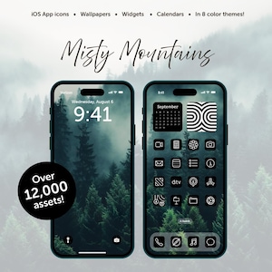 May include: Two smartphones displaying a nature-themed interface. One shows a misty forest wallpaper, the other features app icons, a calendar, and widgets. Text reads "Misty Mountains" and "Over 12,000 assets!"