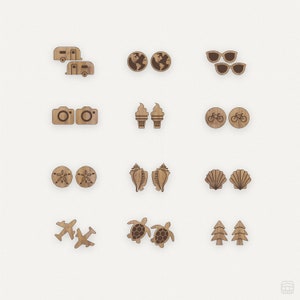 May include: Set of 10 wooden earrings featuring various summer vacation themes, including a camper, sunglasses, ice cream cones, seashells, a bicycle, a starfish, a turtle, and a pine tree.