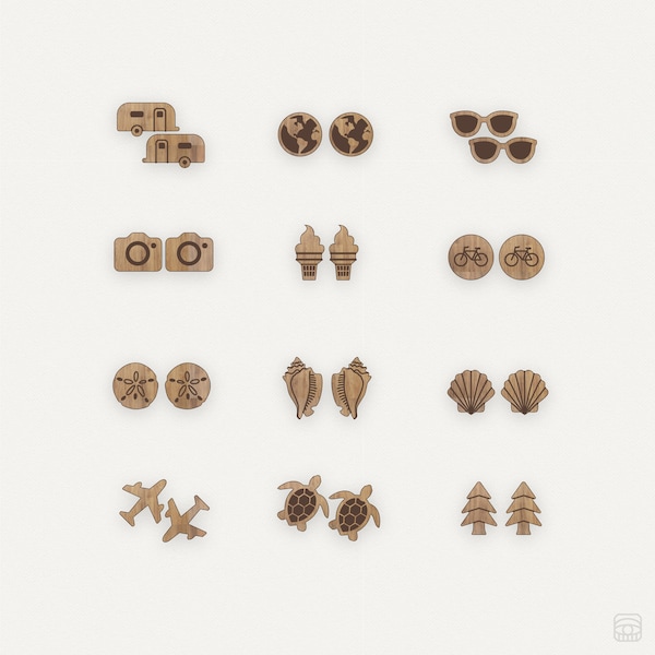 Travel DIGITAL FILE 12 pack earrings set studs laser cutter glowforge SVG file vector ice cream tree earth airplane summer wanderlust beach