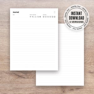 May include: A printable journal page with a header that says "Journal" and includes sections for the date, today's weather, and mood. The page has lined paper for writing.
