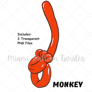 May include: A cartoon illustration of an orange balloon animal monkey. The monkey is made from a single balloon, with the word "MONKEY" in bold black letters below it. The image also includes the text "Includes: 3 Transparent PNG Files".