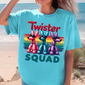 Balloon Dogs with Sunglasses on Cool Twister T-shirt, Rainbow Background, Fun and Cool Colorful Tee, Balloon Twister Gear and Apparel