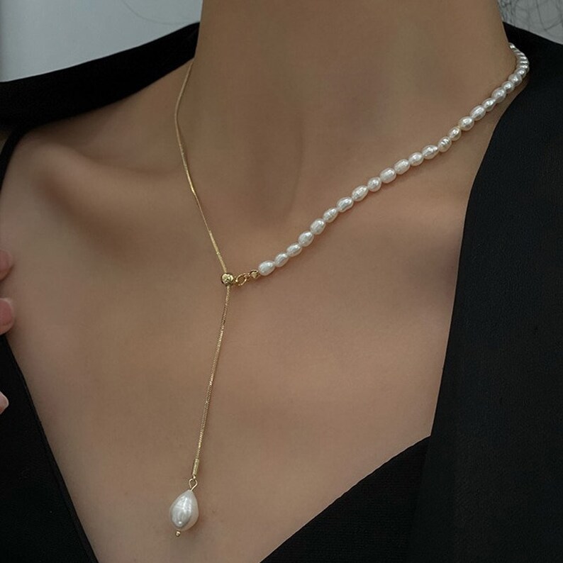 Unique Pearl Necklace Adjustable Knot Pearl Necklace Slip Etsy